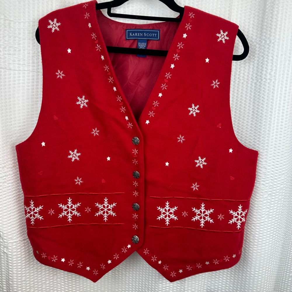 Karen Scott Sz Large Red W/ White Snowflake Classic Holiday Lined Felt like Vest